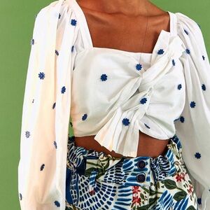 Farm Rio Blue Flowers Long Sleeve Crop Top